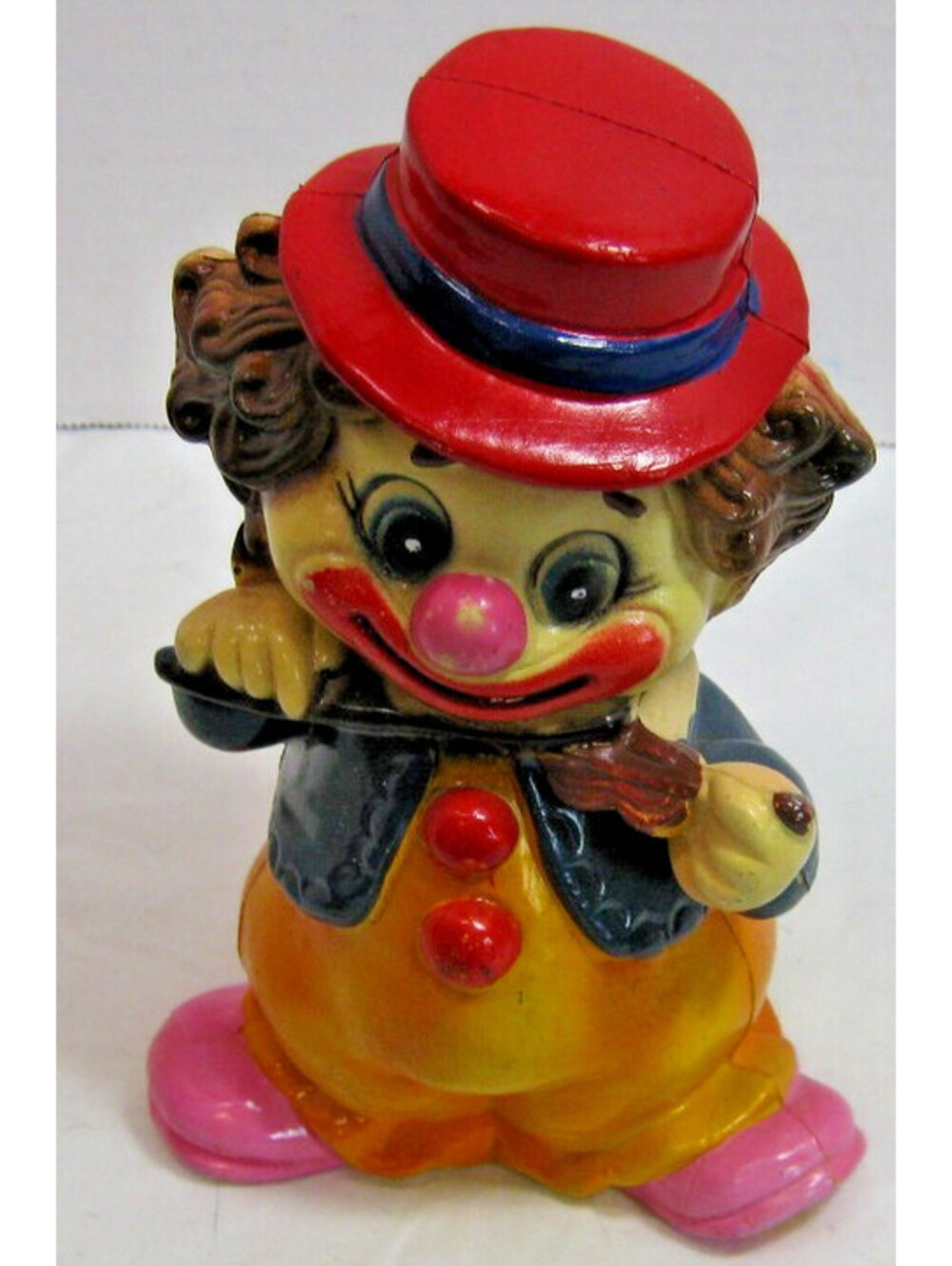 Vintage Hard Plastic Smiling Hobo Clown Piggy Bank Coin Bank & Stopper Hong Kong